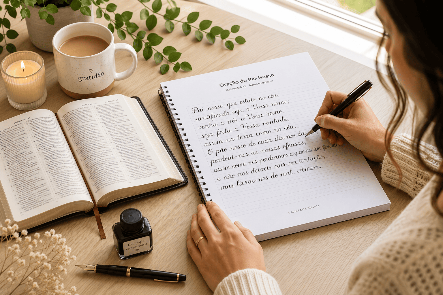 Mãos escrevendo em um caderno de caligrafia bíblica com uma Bíblia ao lado